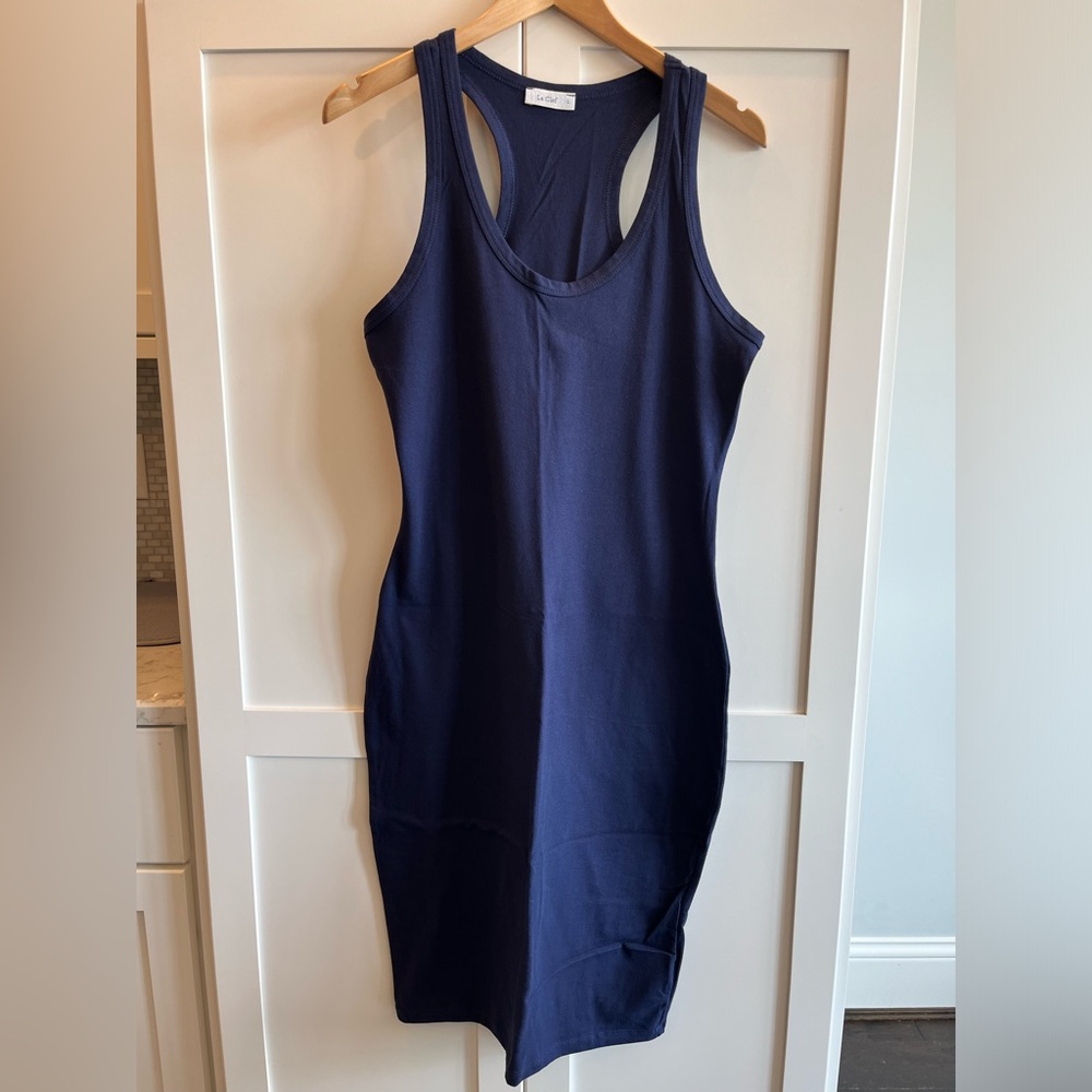 NWOT La Clef Navy Blue Sleeveless Racerback Stretch Cotton Midi Dress